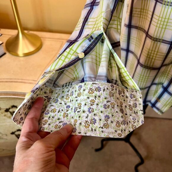 NWOT Thomas Dean‎ White Navy Green Blue Plaid Shirt w/ Floral Flip Cuff Size XL - Picture 5 of 6